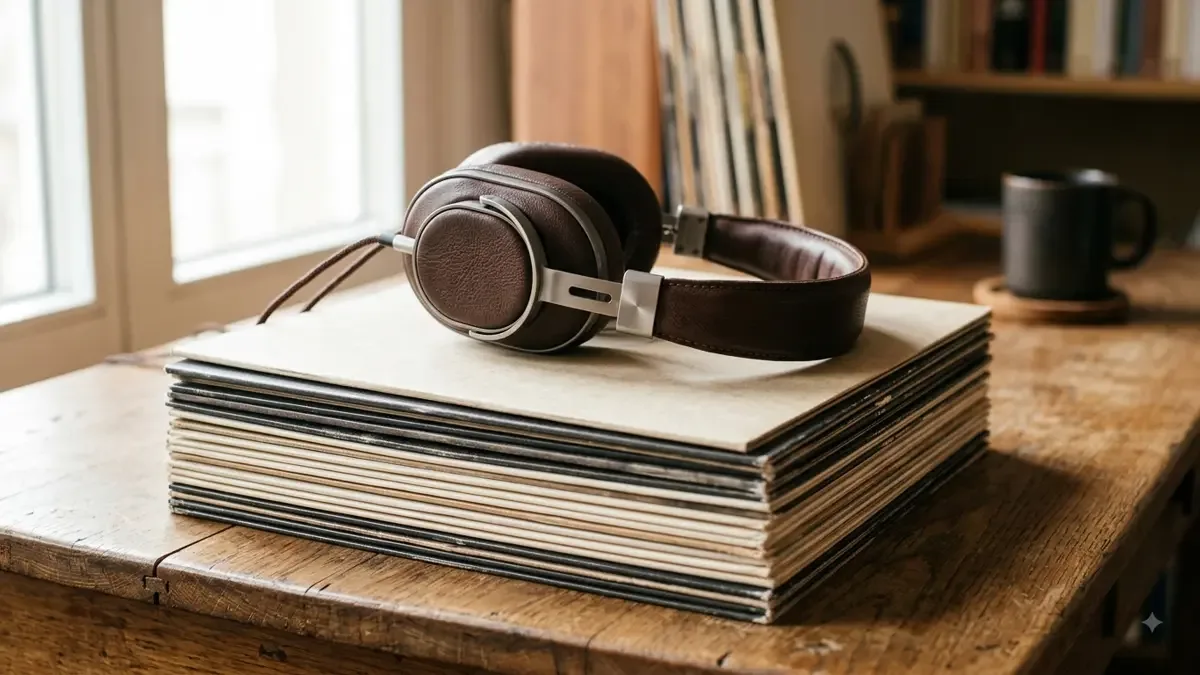 Auriculares over-ear de cuero sobre una pila de discos de vinilo en un escritorio de madera