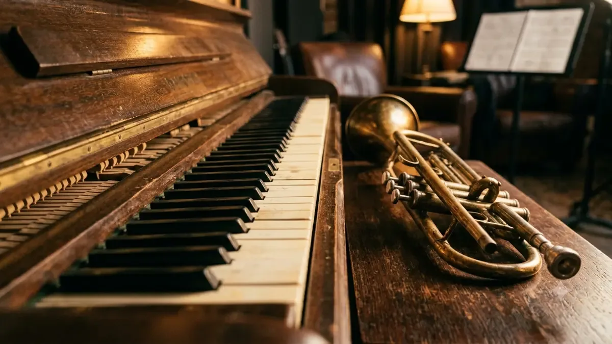Detalle de teclas de piano con una trompeta apoyada al costado
