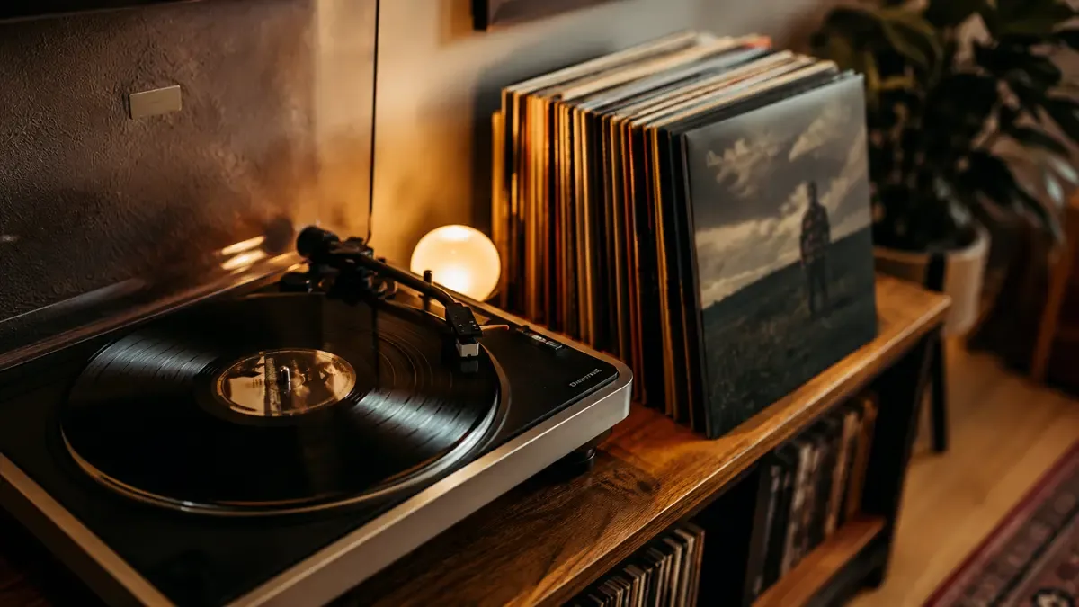 Colección de discos de vinilo con uno girando en un tocadiscos